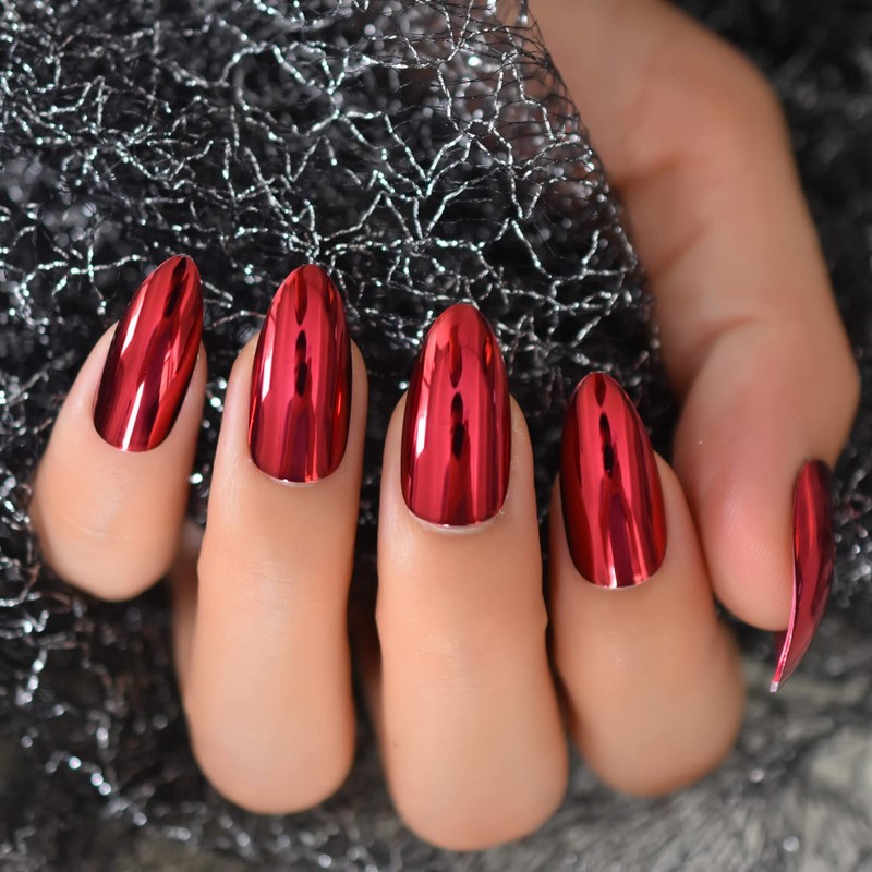 Burgundy Nails Metallic Almond Press On Nails Medium Length Mirror