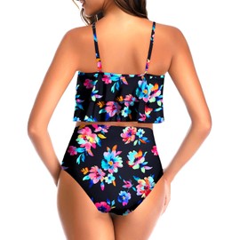 Tempt Me High Waisted Bikini Colorful Floral Two Piece Swimsuits Tummy Control Bathing Suit Ruffle Ruched Swimwear M