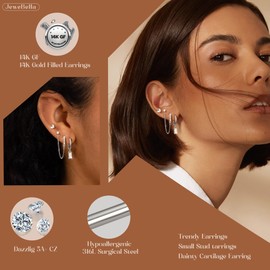 JeweBella 3 Pairs Hypoallergenic Silver Earrings for Women 14K Gold Plated Dainty Stackable Stud Dangle Hoop Earrings Set Chain Hoop Earring Stack Cartilage Earring Sets for Multiple Piercings