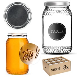 KADAX Honey Jars, 900 ml, Preserving Jars with Fi82 mm Screw Lid, Jars for Honey, Jam Jars, Screw Jars, Preserving Jars (Silver, Pack of 8)