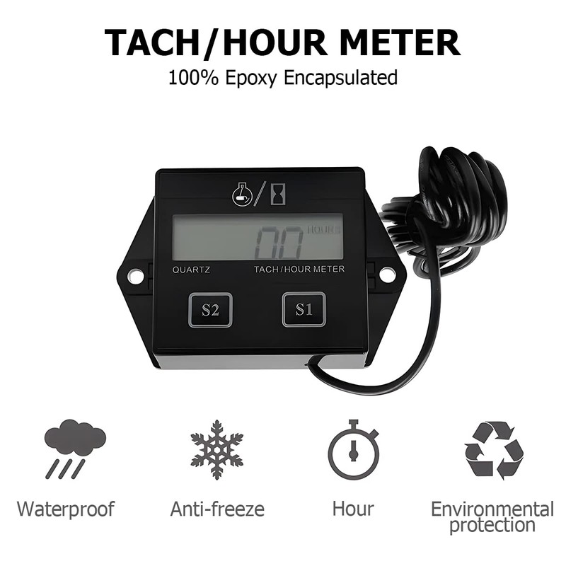 Small Engine Hour Meter and Digital Tachometer, Waterproof Inductive Tacho