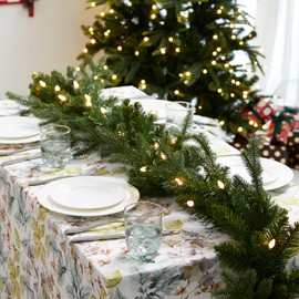 Glitzhome Set of 2 9ft Pre-Lit Greenery Christmas Garlands, Xmas Garlands with 50 C4 Strawberry LED Lights and Timer for Table, Mantel, Wall, Indoor, Outdoor Christmas Decorations