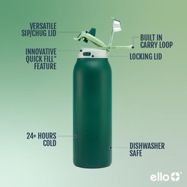 Ello Pop & Fill 32oz Stainless Steel Water Bottle with Quick Fill Technology, Double Walled and Vacuum Insulated Metal, Leak Proof Locking Lid, Sip and Chug, Reusable, BPA Free, Forest Mist