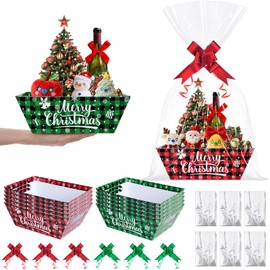 12 Set Red Green Christmas Gift Basket Empty with Clear Cellophane Bags, Red Green Plaid Christmas Basket to Fill with Bows Ribbons for Xmas Holiday Winter Birthday Party Supplies