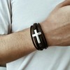 HEIX Mens Multilayer Braised black Leather Glossy Cross Bracelet Magnetic