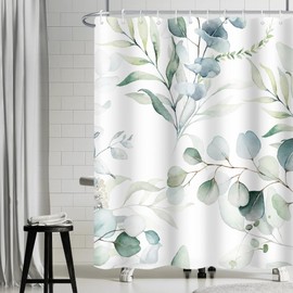 Uiiooazy Green Leaves Shower Curtain, Eucalyptus Leaf Plants Pattern, Bathtub Curtains, Anti-Mould, Waterproof, Polyester Fabric, Washable, Bathroom Curtain with 12 Hooks, 180 x 200 cm