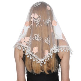 SanHeng Lace Mantilla Veil Triangle Scarf, Flower Printed Catholic Church Veil Mass Veil Chapel Veil Head Covering Embroidery Tassel Evening Shawl Wrap for Women Lady Wedding Prom Formal Party (White)