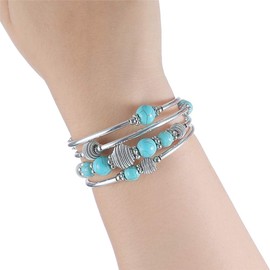 BULINLIN Turquoise Beaded Chakra Bangle Bracelet, Silver Layered Jewellery Wrap Bracelet with Natural Stone Birthday Gift for Women(Turquoise)
