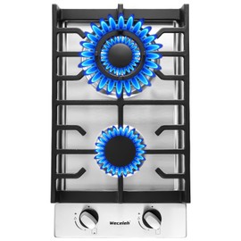 Gas Cooktop 2 Burners Built-in Gas Stove Top,LPG/NG Dual Fuel Continuous Grates,Auto Ignition,Thermocouple Protection,Stainless Steel,Heavy Duty Cast Iron 120V (12 inch)