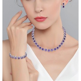 Ever Faith Women's Round Cut Cubic Zirconia Tennis Necklace Bracelet Earrings Set Purple Silver-Tone