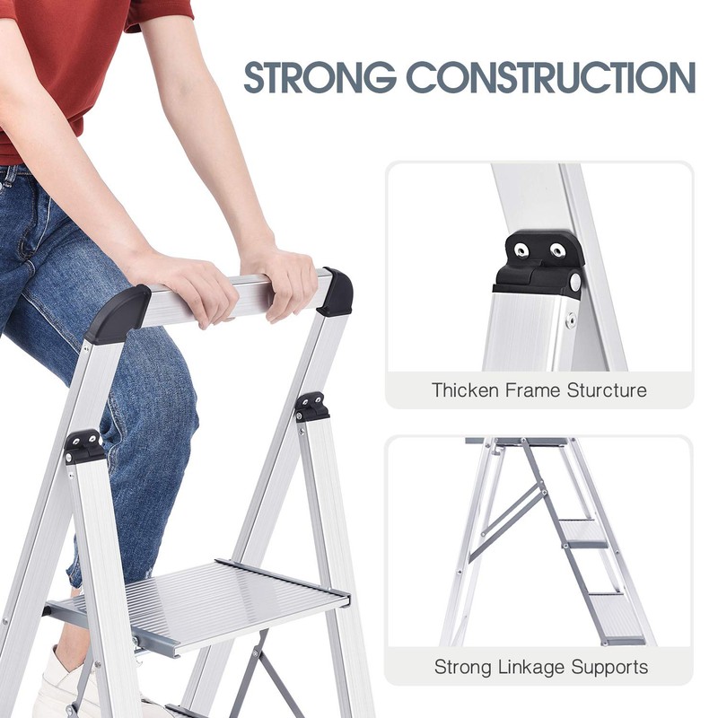 KINGRACK Aluminium 3 Step Ladder, Lightweight Step Stool with Non-Slip