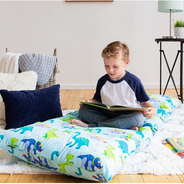 Wildkin Kids Floor Lounger for Boys and Girls, Travel-Friendly and Perfect for Sleepovers, Requires 4 Standard Size Pillows (Not Included), Measures 69.5 x 27 Inches (Dinosaur Land)