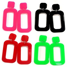 Vintage Minimalist Multicolor Acrylic Geometric Square Hollow Drop Dangle Neon Earrings Retro 80s Party Costume Accessory Jewelry for Women Girls, Metal, acrylic