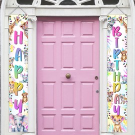 SHADOAMP Safari Animal Birthday Decorations, Neon Jungle Animal Happy Birthday Door Banner Sign Polyester Background Porch Sign for Jungle Wild Animals Theme BDay Party for Boys Girls Indoor Outdoor