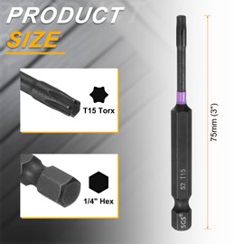 sourcing map T15 Torx Head Impact Screwdriver Bits 1/4" Hex Shank 3" (75mm) Long Magnetic No Hole Tamper Proof 6 Point Star Screw Driver Drill Bits Phosphate S2 Steel Power Tools