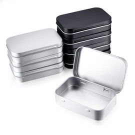 Set of 8 Tin Cans Tin Can Case Mini Box Tin Can Small Item Holder Rectangular Tin Box with Lid Corner Type Metal Container Metal Storage Case Hinged Lid Small Item Storage Silver and Black