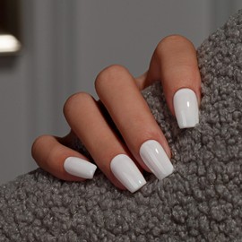 KQueenest White Press On Nails Short Square - Summer Press On Nails Medium Coffin, Sheer Milky White Fake Nails with Glue, Glossy Opaque, Reusable Soft Gel Glue on Nails for Women, 28 Pcs