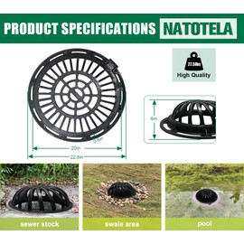 Natotela 20in Ductile Iron Atrium Drain Grate and Frame, Dome Durable Metal Overflow Relief Gully Dome Grate with Bolted Down Base, Cast Iron Sewage Drain Grates for Garden,Yard,Lawn(Overall Size 23")