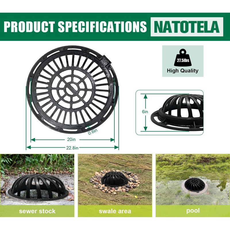 Natotela 20in Ductile Iron Atrium Drain Grate and Frame, Dome