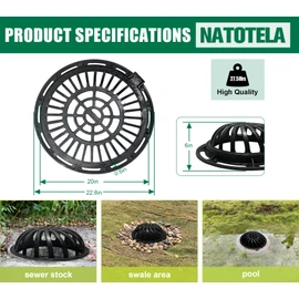 Natotela 20in Ductile Iron Atrium Drain Grate and Frame, Dome Durable Metal Overflow Relief Gully Dome Grate with Bolted Down Base, Cast Iron Sewage Drain Grates for Garden,Yard,Lawn(Overall Size 23")