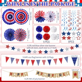 Panelee 4th of July Patriotic Decorations Set Red White Blue Fans Pom Pom Paper Flowers USA Pennant Flag Banner Fourth of July Star Streamer Hanging Swirls for Patriotic Outdoor Indoor Decor (4 July)