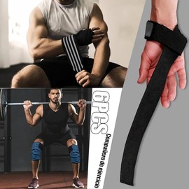 6pcs vendas para rodillas gym, Wraps para rodilla gym con Vendas para Rodilla, muñequeras, y Straps para Gimnasio, Equipo de entrenamiento de pesas, E