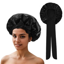 QIUTIMIY Satin Bonnet for Curly Hair，Bonnet Hair Wrap for sleeping with tie, Hair Bonnet for Long Braid Hair，Black