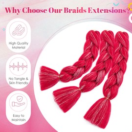 Benehair Red Braiding Hair Extension with Tinsel 1 Bundle 24 Inch Jumbo Braiding Hair Extensions Synthetic Hair Colored Braiding Glitter Hair Extensions Pre Stretched Braiding Hair