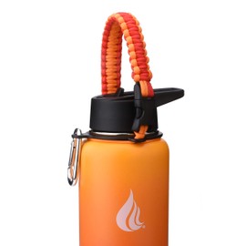 HYDRO CELL Wide Mouth Paracord Handle - Strap Carrier with Safety Ring and Carabiner. Compatible with 14, 18, 24, 32, 40, and 64 oz Stainless Steel Water Bottles (Red/Orange)