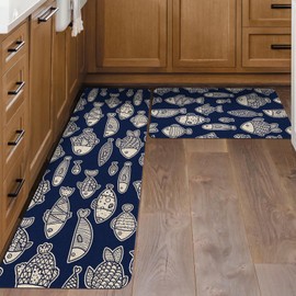 Mloabuc® Blue Fish Decorative Kitchen Mats Set of 2, Farmhouse Anti Fatigue Waterproof Stain Resistant Floor Rug Non Slip Laundry Room Rug Cushioned Floor Mat - 17x29 and 17x47 Inch