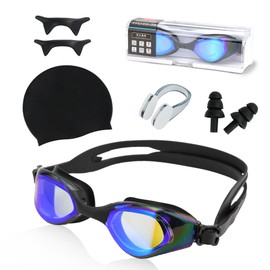 Cyfie Swim Goggles Unisex, Anti Fog No Leaking with Nose Clip, Earplugs, Swim Cap and Case, Suitable for Men&Women (Black Lenses)