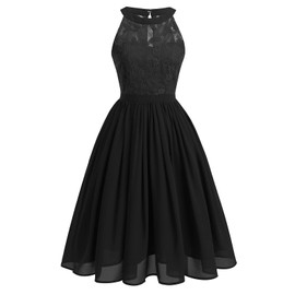 Women Halter Neck Floral Lace Chiffon Bridesmaid Dress Wedding Guest A Line Semi Formal Cocktail Swing Party Dress Illusion Sweetheart Short Vintage Casual Evening Prom Homecoming Dress Black-Cutout L