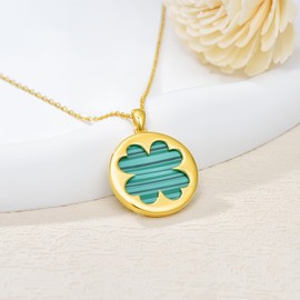 WSX 925 Sterling Silver Four Leaf Clover Pendant Necklace Malachite Lucky Heart Clover 18CT Plated Gold Necklace for Women Mum Gifts