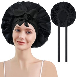 Coubeau Silk Bonnet Sleep Cap for Women - 100% Silk Bonnet Sleep Cap Silk Hair Cap for Night Silk Bonnet Sleep Cap, black