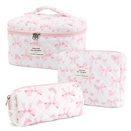 Hatende 3Pcs Cotton Quilted Makeup Bag Set,Large Floral Cosmetic Bag，Aesthetic Toiletry Travel Makeup Bag Set and Cute Flower Bag for Women Girls (Love Bow)