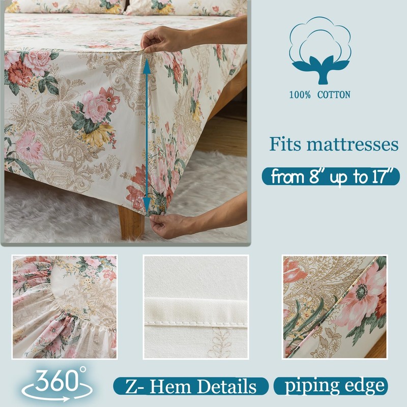 Zusbest King Floral Bed Sheets, Soft 100% Cotton Pink &