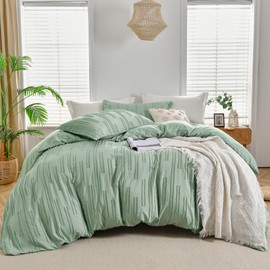 Shatex Boho Duvet Cover Full Size-Striped Textured for Sage Green Duvet Cover Tufted Bedding Set,3 Pieces,1 Duvet Cover 82"x86" with 8 Corner Ties and 2 Pillow Cases 20"x26"