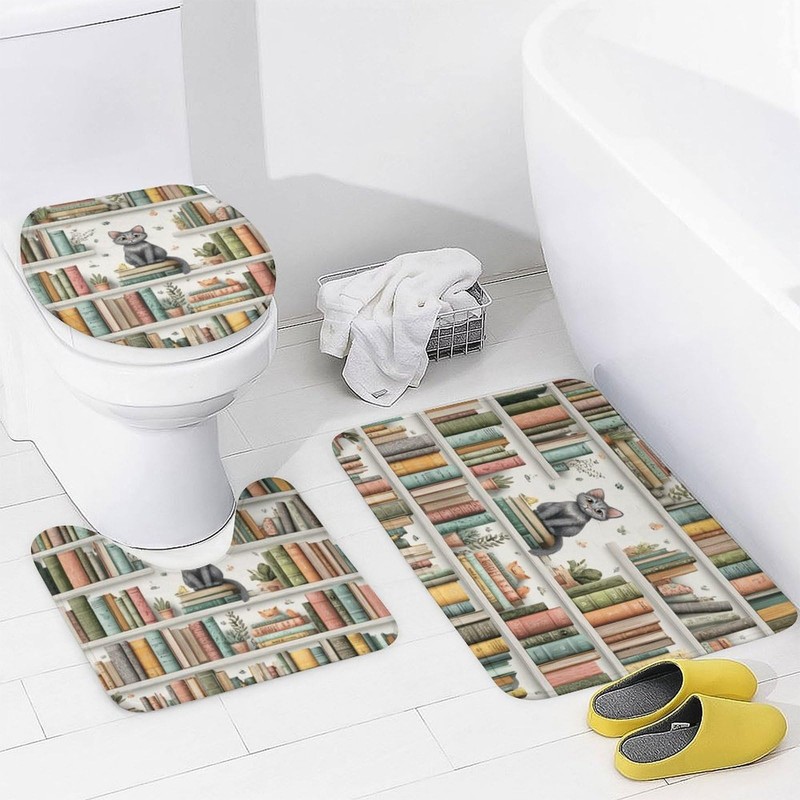 4PCS Cute Kitten Bookshelf Shower Curtain Set 72W X 72L,