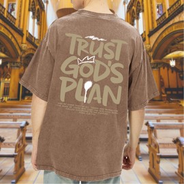 BINTEHGS God Christian T Shirts for Men Jesus Faith Shirt Acid Wash Oversized Tees Bible Verse Graphic Vintage Tshirt(Coffee,S)