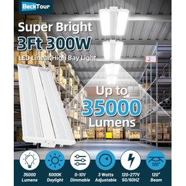 BeckTour 300W LED Linear High Bay Shop Light, 3Ft 35000LM 0-10V Dimmable 5000K Daylight 3 Watts Adjustable 120-277V, High Bay LED Shop Lighting for Garage Warehouse Workshop, ETL Listed