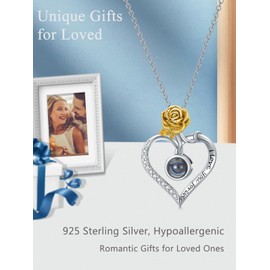 Dorunmo I Love You Necklace 100 Languages Projection Necklace 925 Sterling Silver Heart Rose Flower Pendant Necklace jewelry Romantic Gifts for Mom Women Birthday Mothers Day