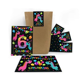 Junaversum 12 Invitation Cards for 6th Children's Birthday Sixth Birthday Girl Dinosaur Includes 12 Envelopes, 12 Bags, 12 Stickers