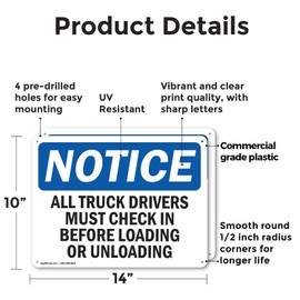 (2 Pack) Truck Drivers Check In OSHA Notice Sign 14 Inch X 10 Inch Plastic Sign, Weather Resistant, UV Protected for Workplace, Business, and Construction Site, Made in the USA