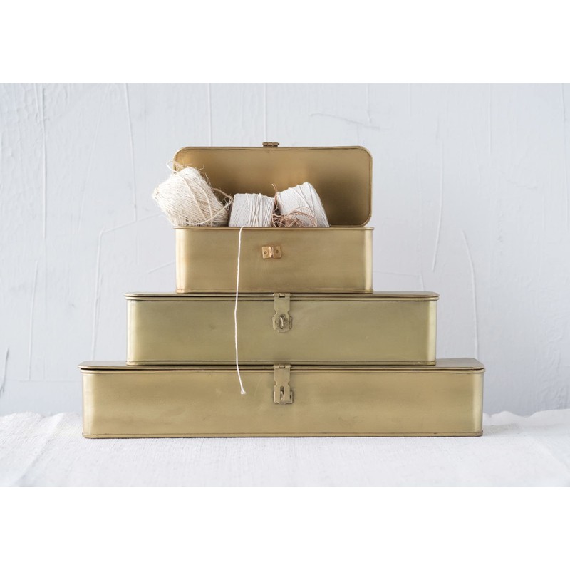 Creative Co-Op Decorative Metal Boxes with Brass Finish (Set of