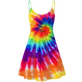 Dremagia Women's Casual Sleeveless Sundress Colorful Tie Dye Print Summer Beachwear Spaghetti Strap Swing Dress