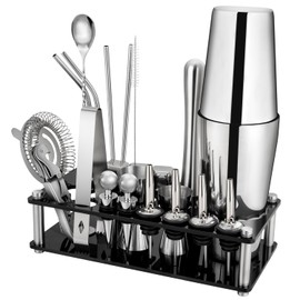 WOTOW Cocktail Shaker Set - 25-Piece Silver Stainless Steel Boston Bartender Kit with Acrylic Stand and Recipe - Professional Bar Tools for Drink Mixing, Home, Bar, Party