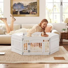 PETSITE 6-Panel Plastic Dog Playpen with Door, Shape-Customizable Pet Playpen Indoor Outdoor, Ideal for Small & Medium Dogs and Puppies, Easy to Assemble, 68 x 34.5 x 24 Inches, White
