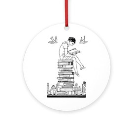 CafePress Reading Girl ATOP Books Round 4" MDF Holiday Ornament
