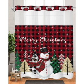 ZFUNCING Merry Christmas No Hook Shower Curtain with Snap in Liner,Winter Snowman Bath Curtain with See Through Top Window,Plaid Dot Tree on Checker Shower Curtains for Bathroom Decor,72x72in