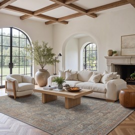 BESBLEE 8X10 Area Rugs Machine Washable Rugs for Living Room, Vintage Boho Large Rugs for Bedroom Dining Room, Non Slip Indoor Soft Distressed Lightweight Thin Low Pile Carpet, Dusty Blue